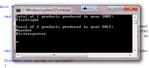 LINQ IGrouping results console output